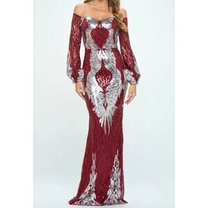 Ricarica Women’s Burgundy Off the Shoulder Sequin Bodycon Maxi Dress size Small